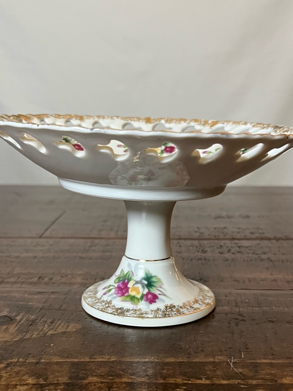 Porcelain Pedestal Compote Bowl in White with Floral Accents